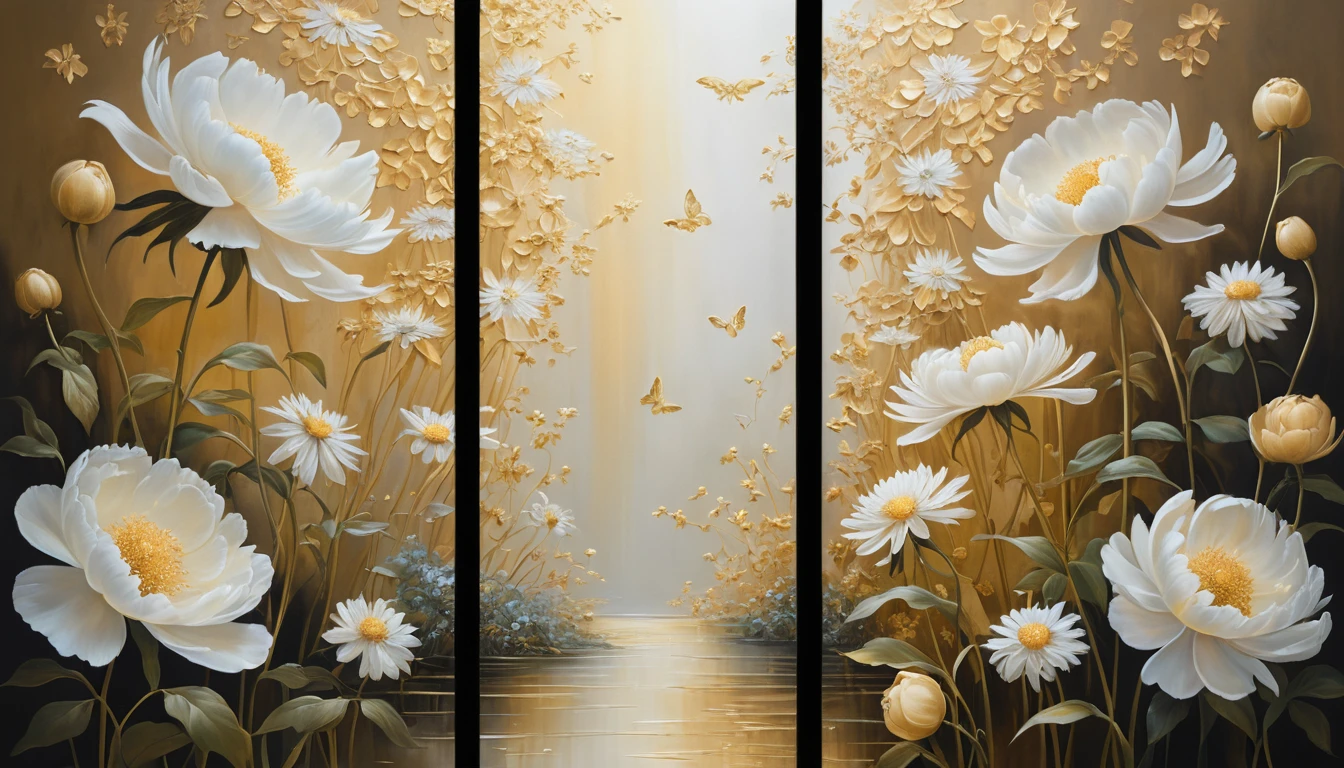 光輝く黄金の幻想的な花のエーテルな三連画
