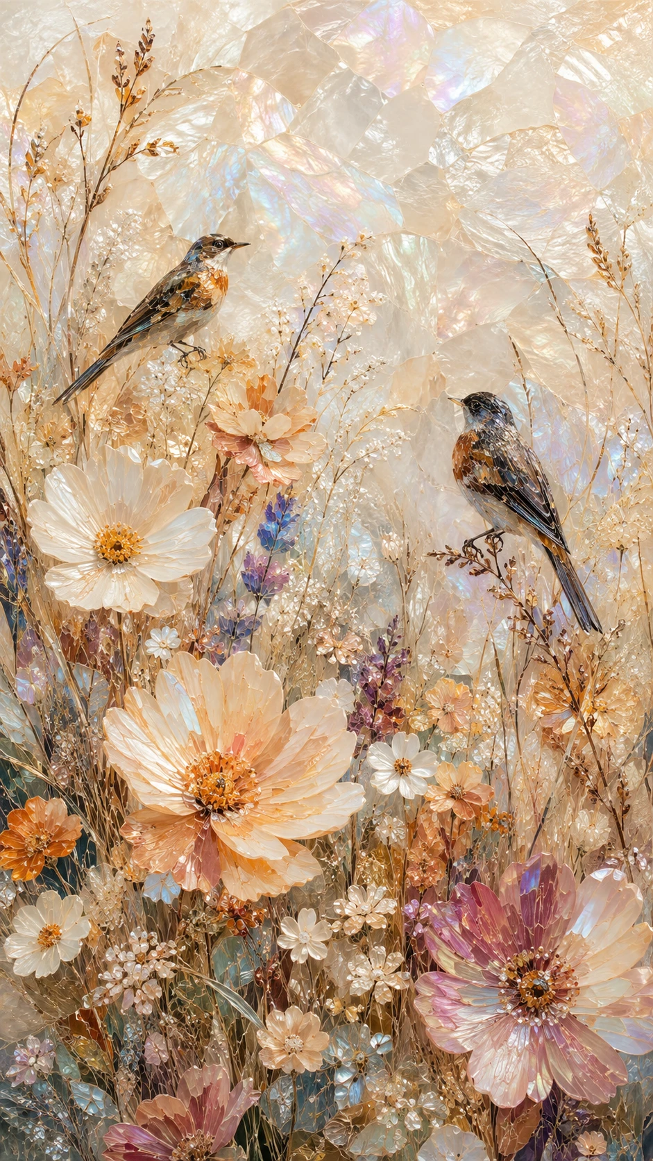 Gros plan d’une prairie d’automne avec fleurs sauvages et oiseaux – illustration