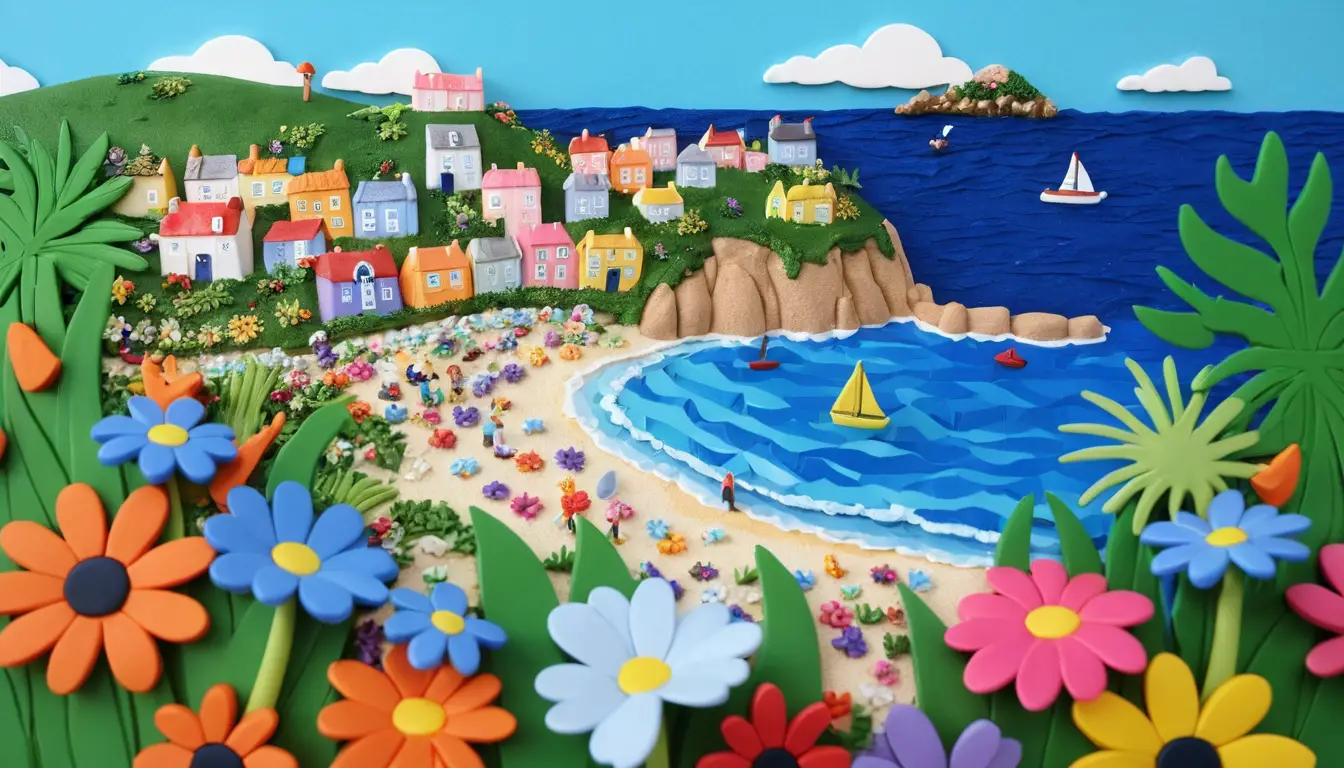 Village côtier estival féérique aux fleurs colorées