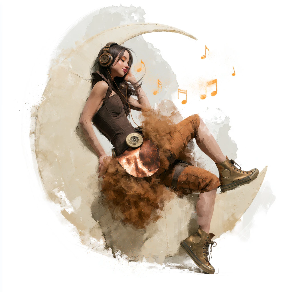 Donna steampunk che riposa su una luna crescente con musica