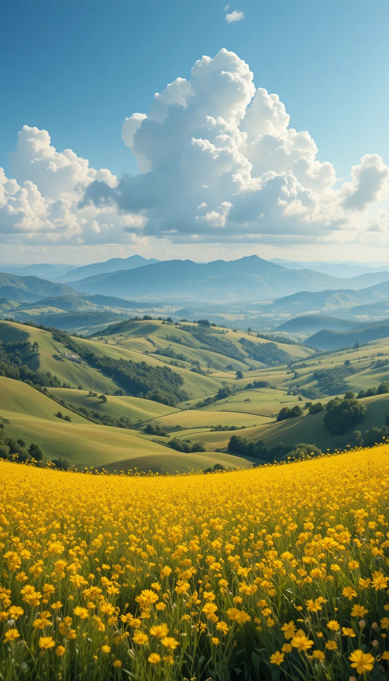 Vastos campos de flores silvestres amarelas sob imponentes nuvens de verão