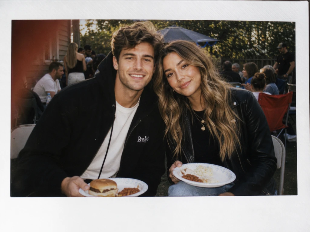 Casal se inclinando junto em um aconchegante churrasco no quintal