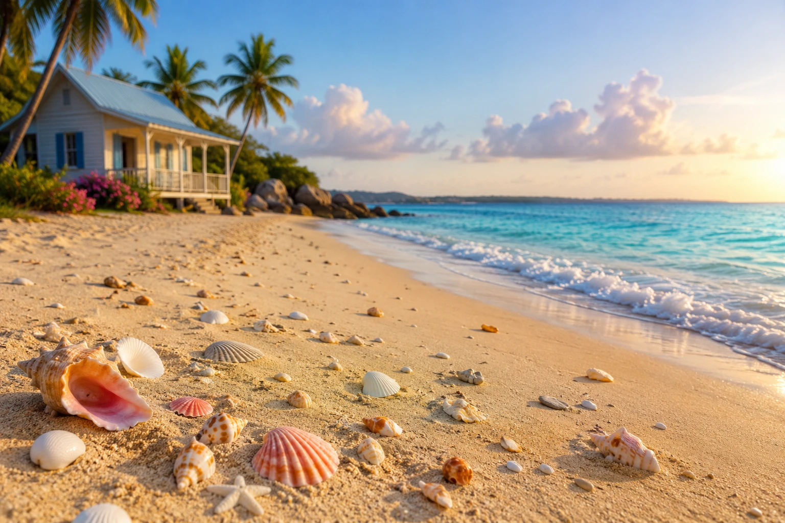 Spiaggia sabbiosa tranquilla con conchiglie e mare turchese in lontananza