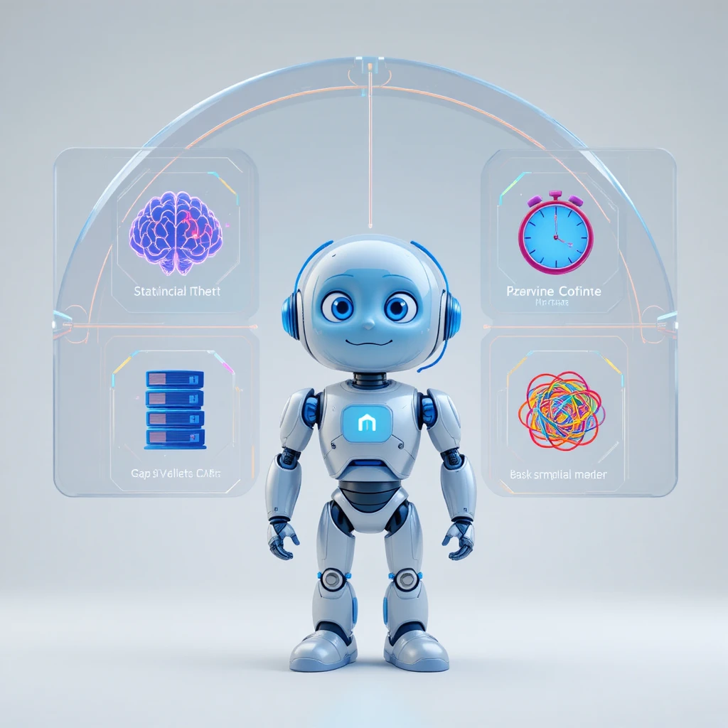 Nachdenklicher Cartoon-Roboter unter holografischen Problem-Icons