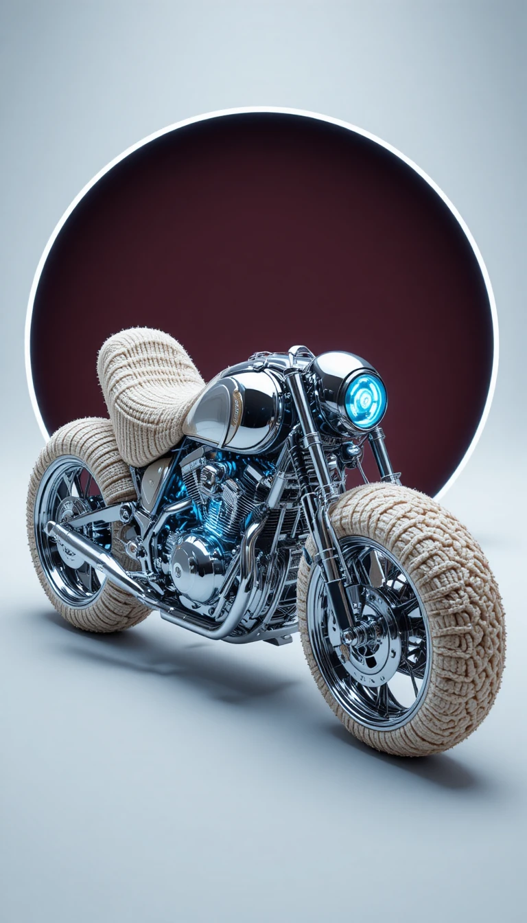 Motocicleta futurista cromada envolta em tecido de tricô creme