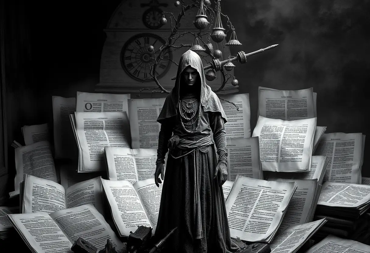 Silencieuse figure mystique parmi d’anciens textes alchimiques