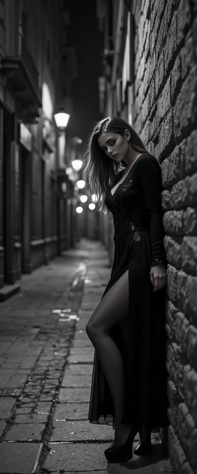 Mulher elegante em beco urbano em preto e branco no estilo noir