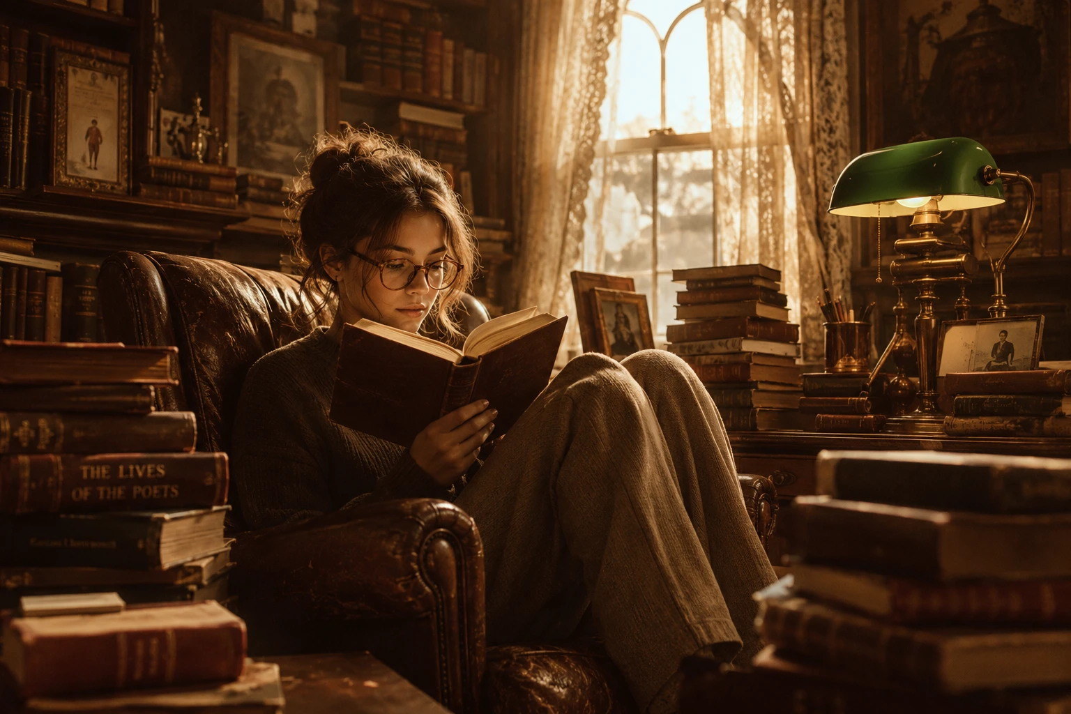 Jovem lendo em uma biblioteca com poltrona de couro vintage