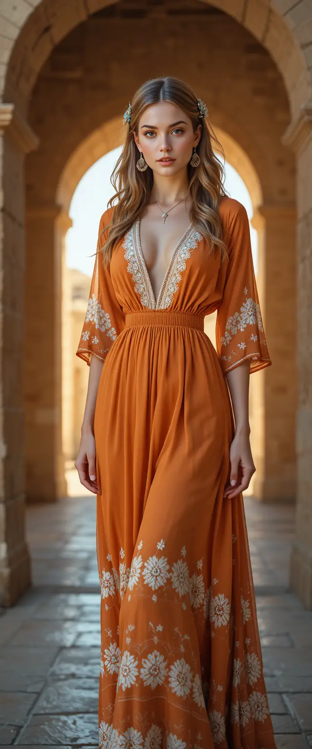 Young woman in orange boho dress in stone archway