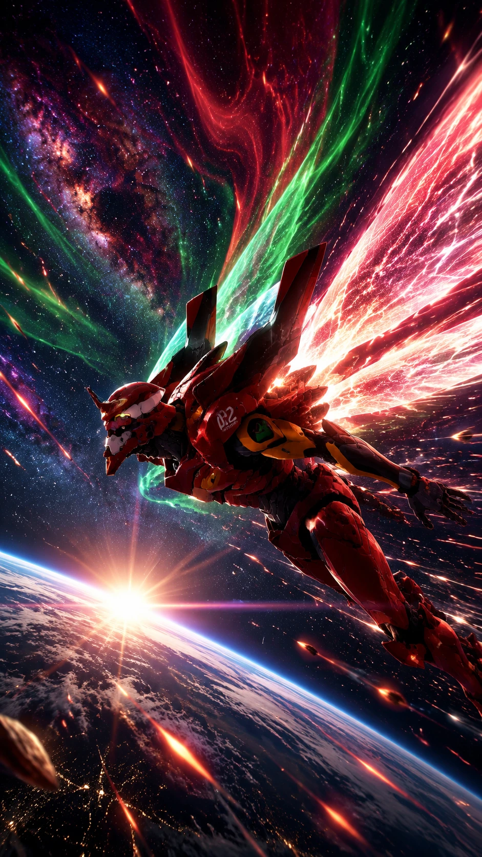 紅色機甲展開光之羽翼翱翔宇宙邊際