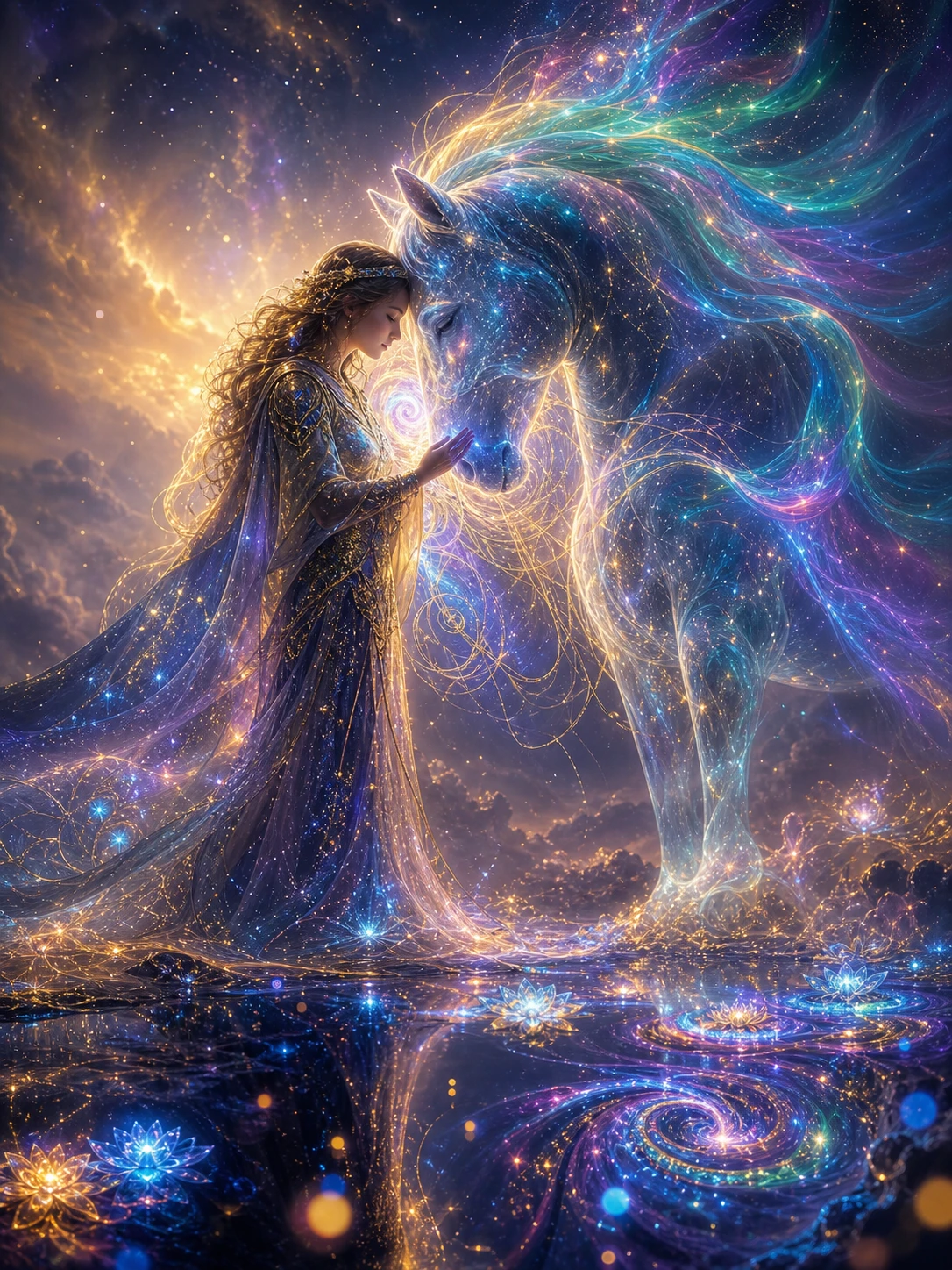 Mulher etérea em conexão com um cavalo celestial luminoso