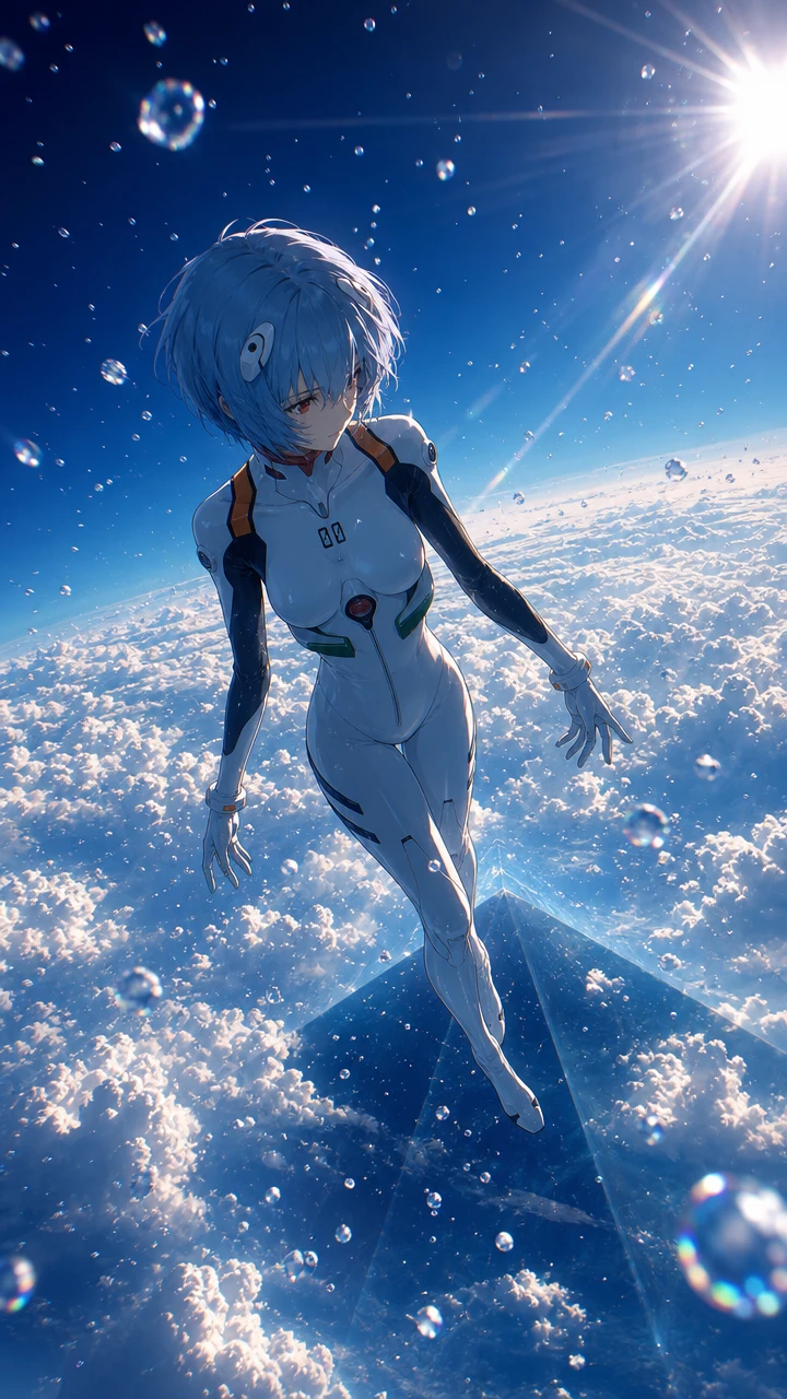 Garota de anime flutuando sobre nuvens radiantes iluminadas pelo sol