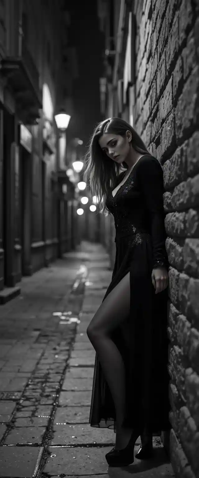 Elegant woman in noir style black and white city alley