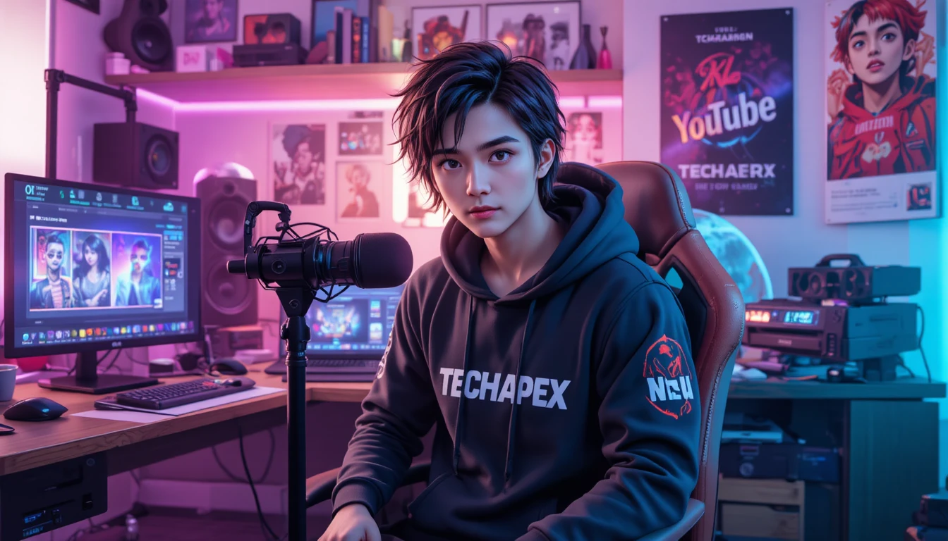 Jeune homme style anime 3D en streaming dans un studio high-tech