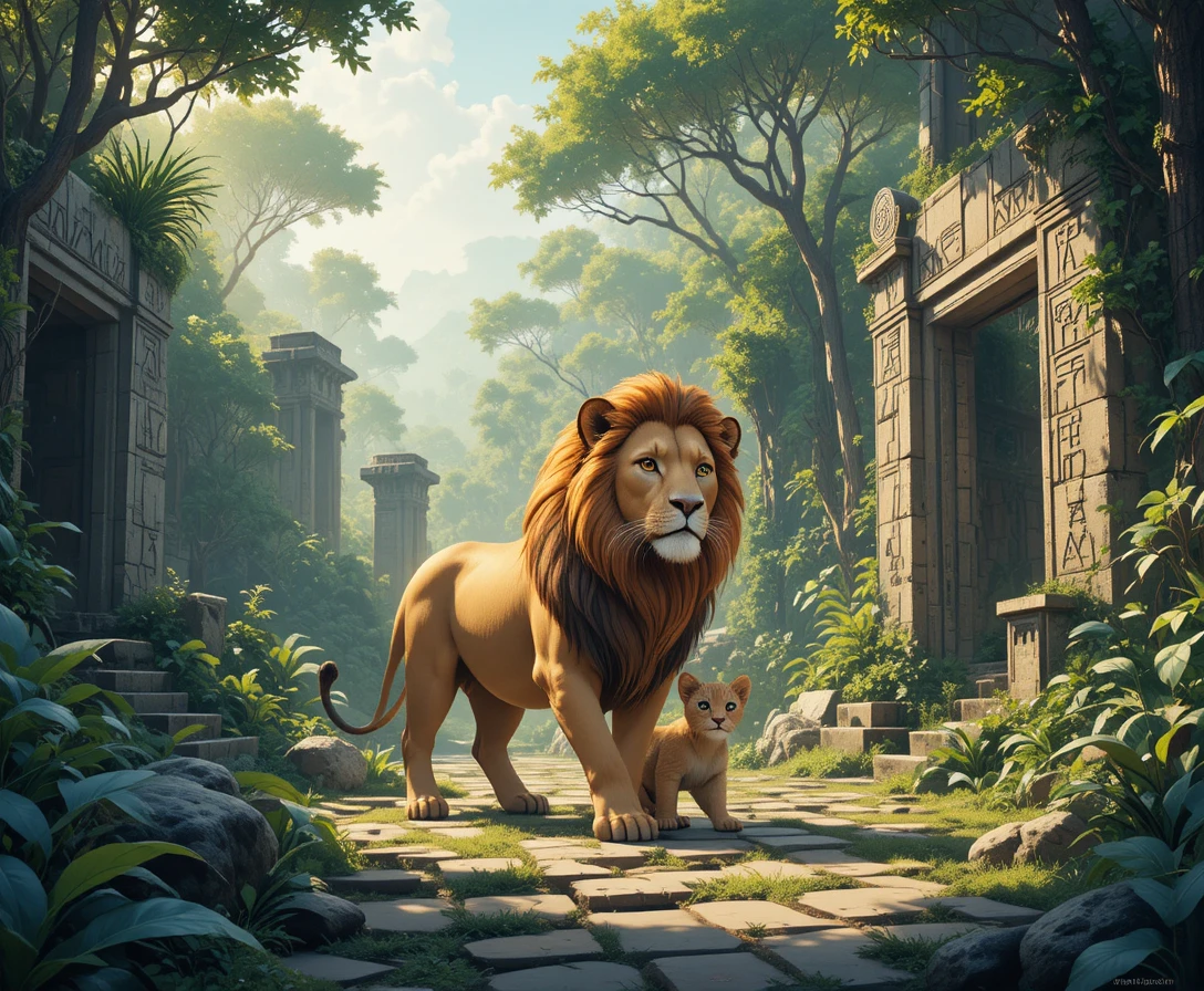 Lion et lionceau explorant ensemble des ruines de jungle baignées de soleil