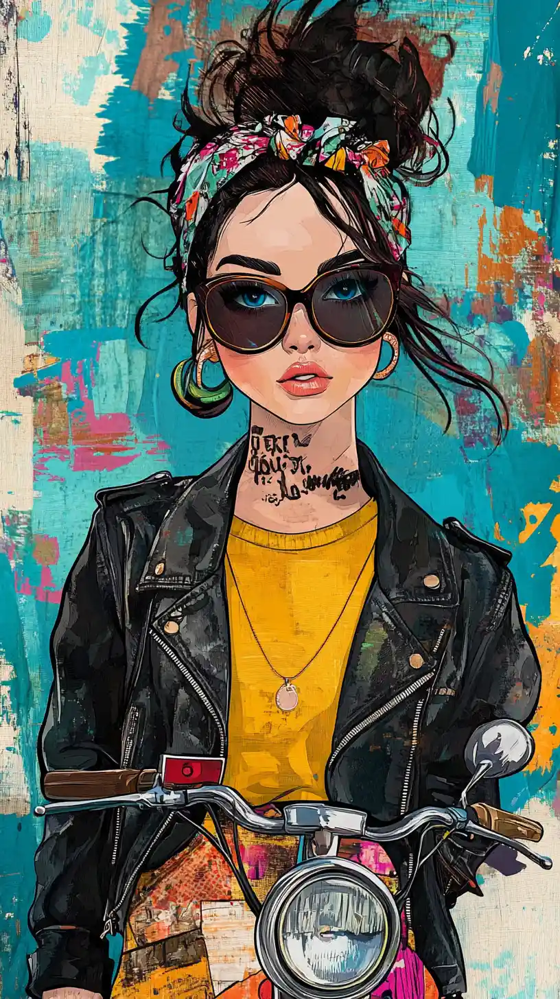 Mujer pop art en scooter vintage con colores abstractos