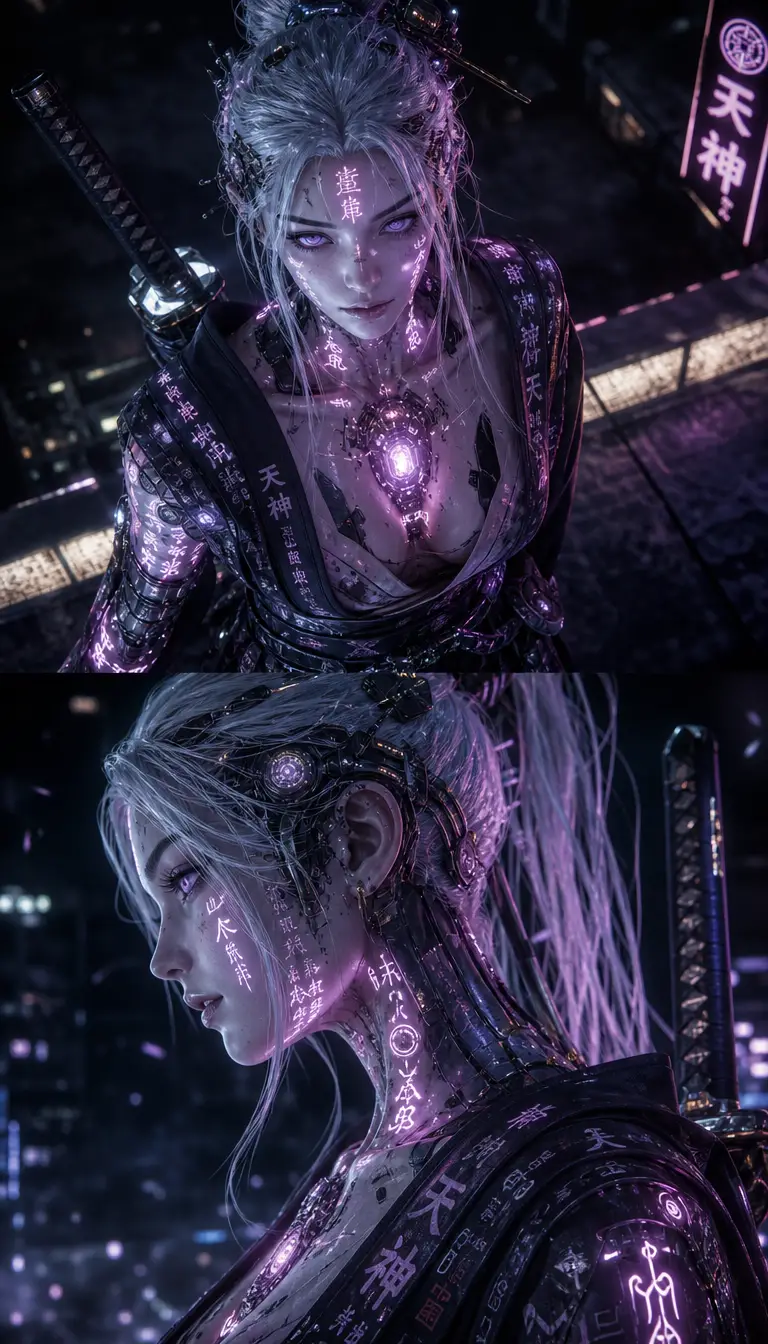 Cyberpunk-Kriegerin mit leuchtenden Runen-Tattoos