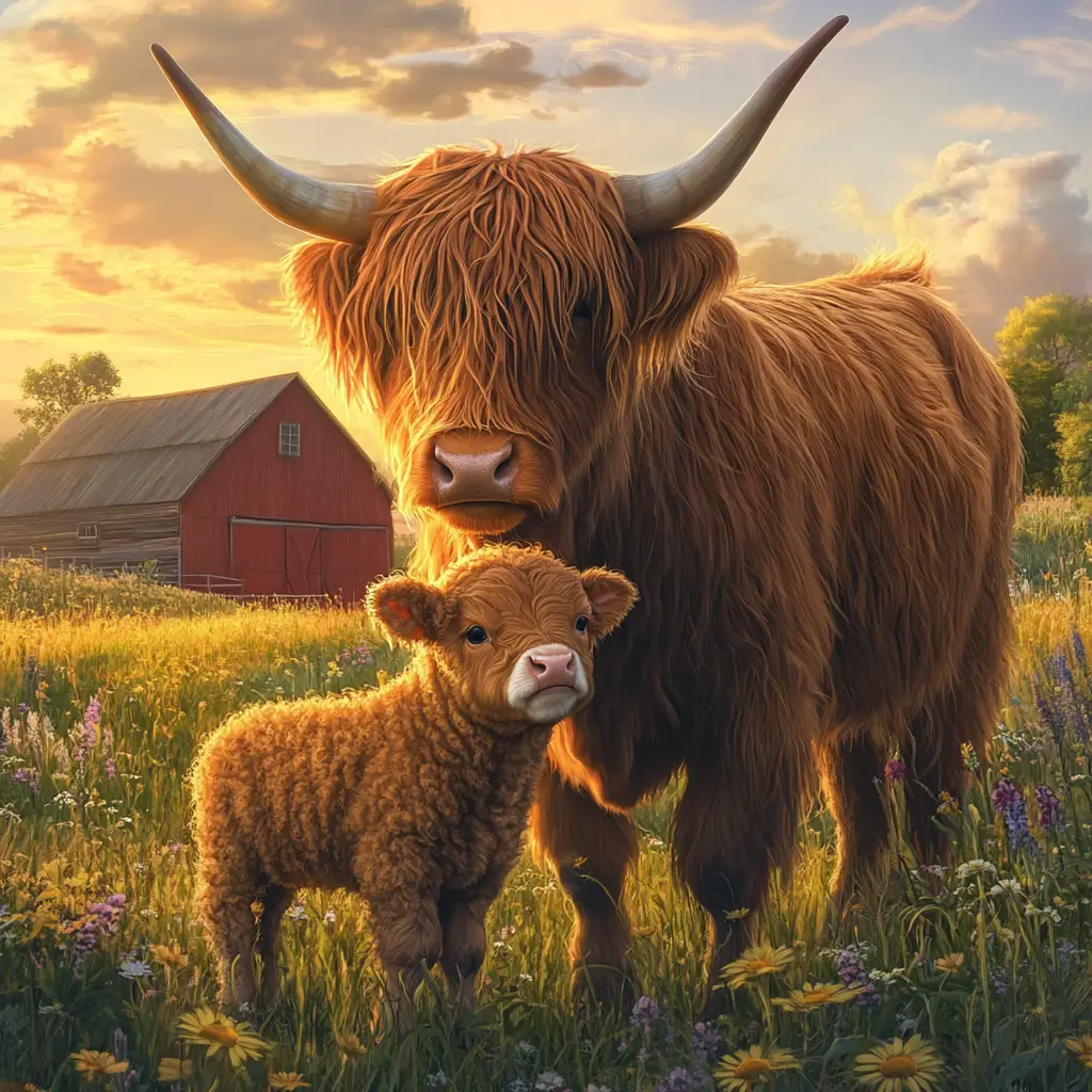Highland calf nursing beside mother at golden farm sunset