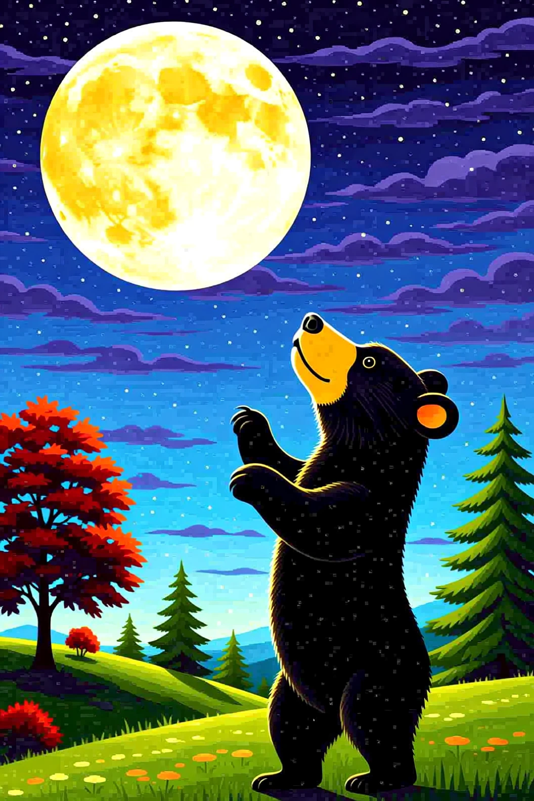 Ours noir observant une pleine lune lumineuse dans une forêt