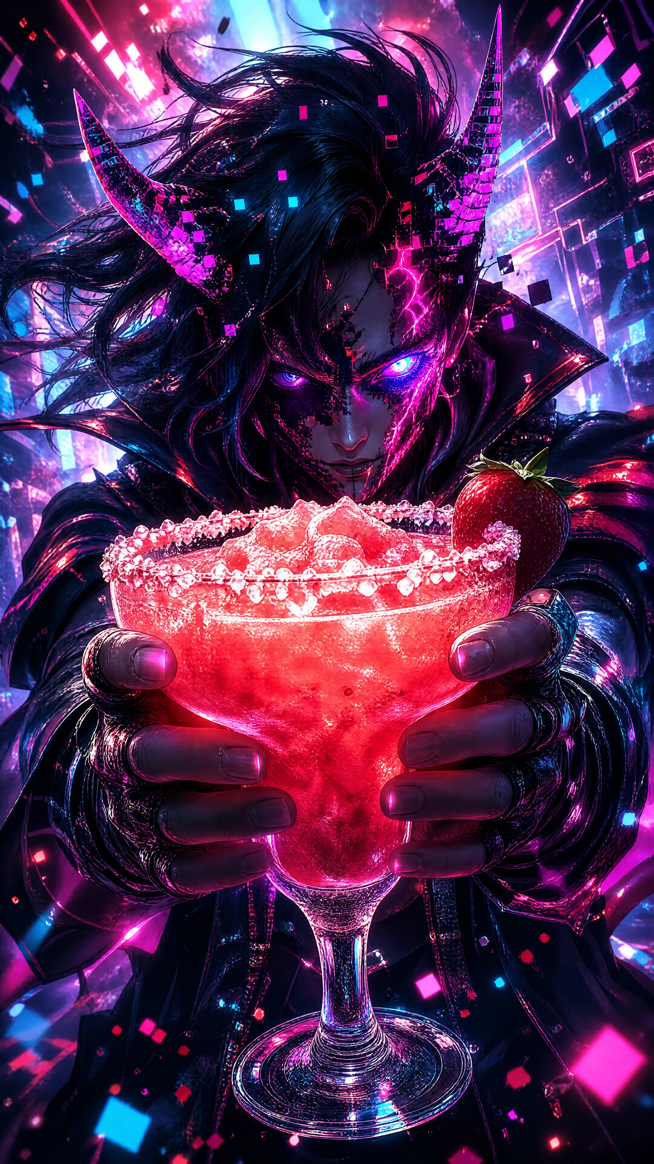 Figura demoníaca segurando uma taça brilhante de margarita de morango