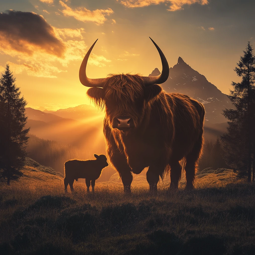 Silhouette de vache Highland remplie d’un lever de soleil lumineux sur la montagne