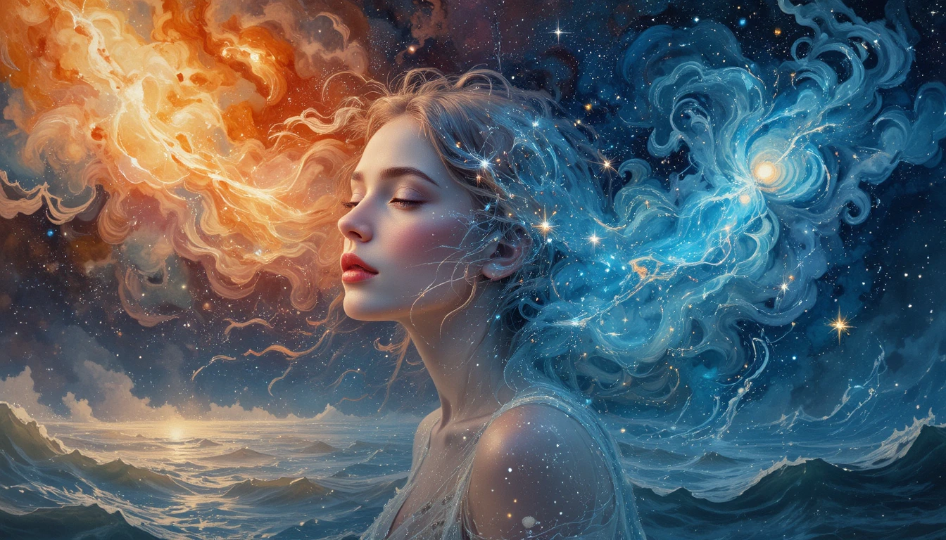 星光長髮的空靈女子與宇宙之海