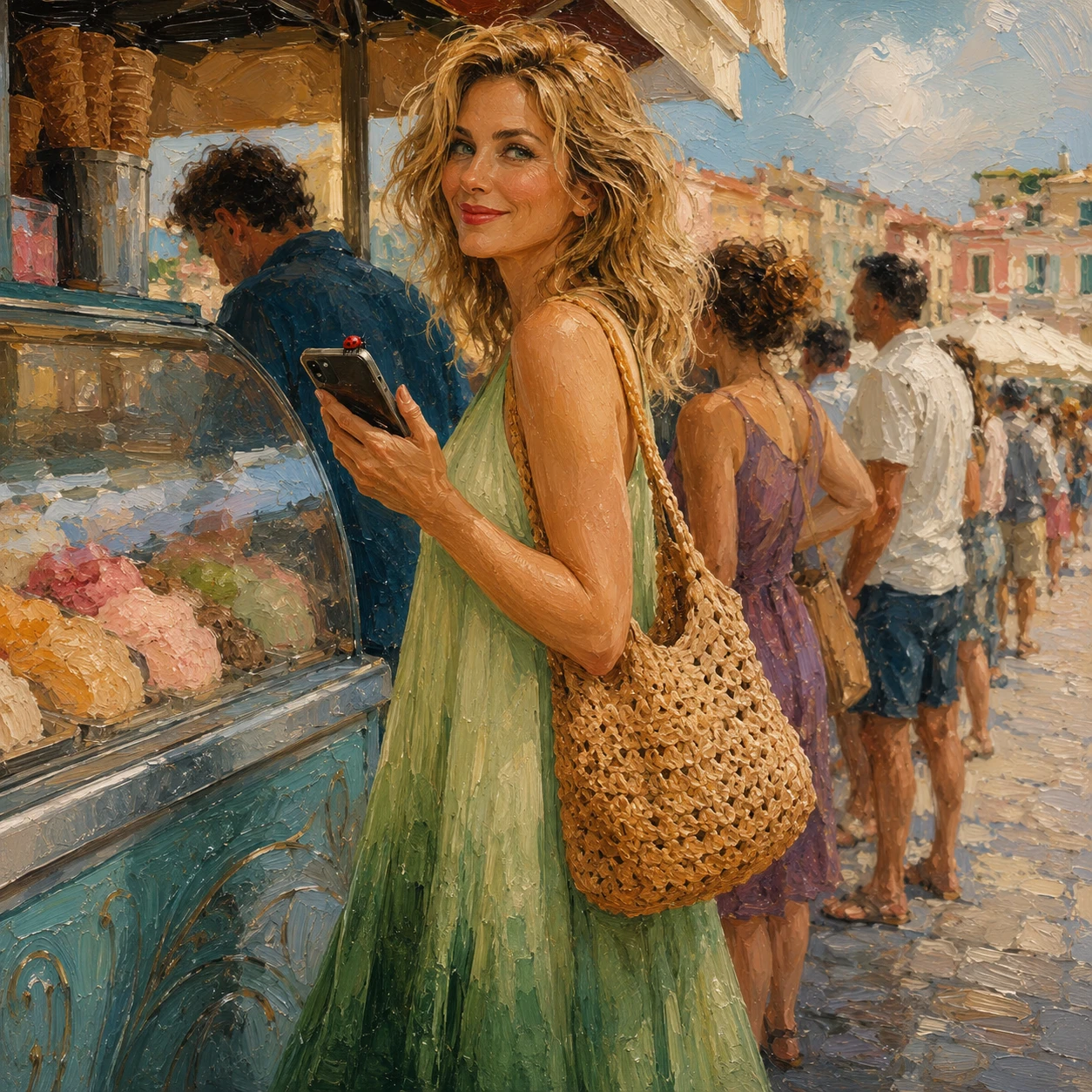 Femme en robe verte attendant à un stand de glace dans une rue d’été