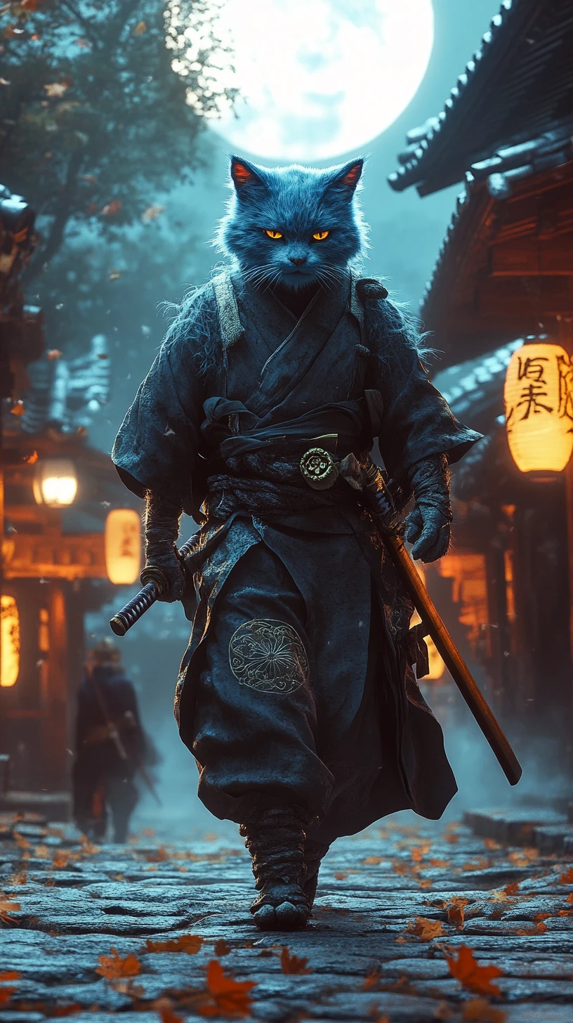 Samurai de gato azul caminhando por uma vila enevoada ao luar