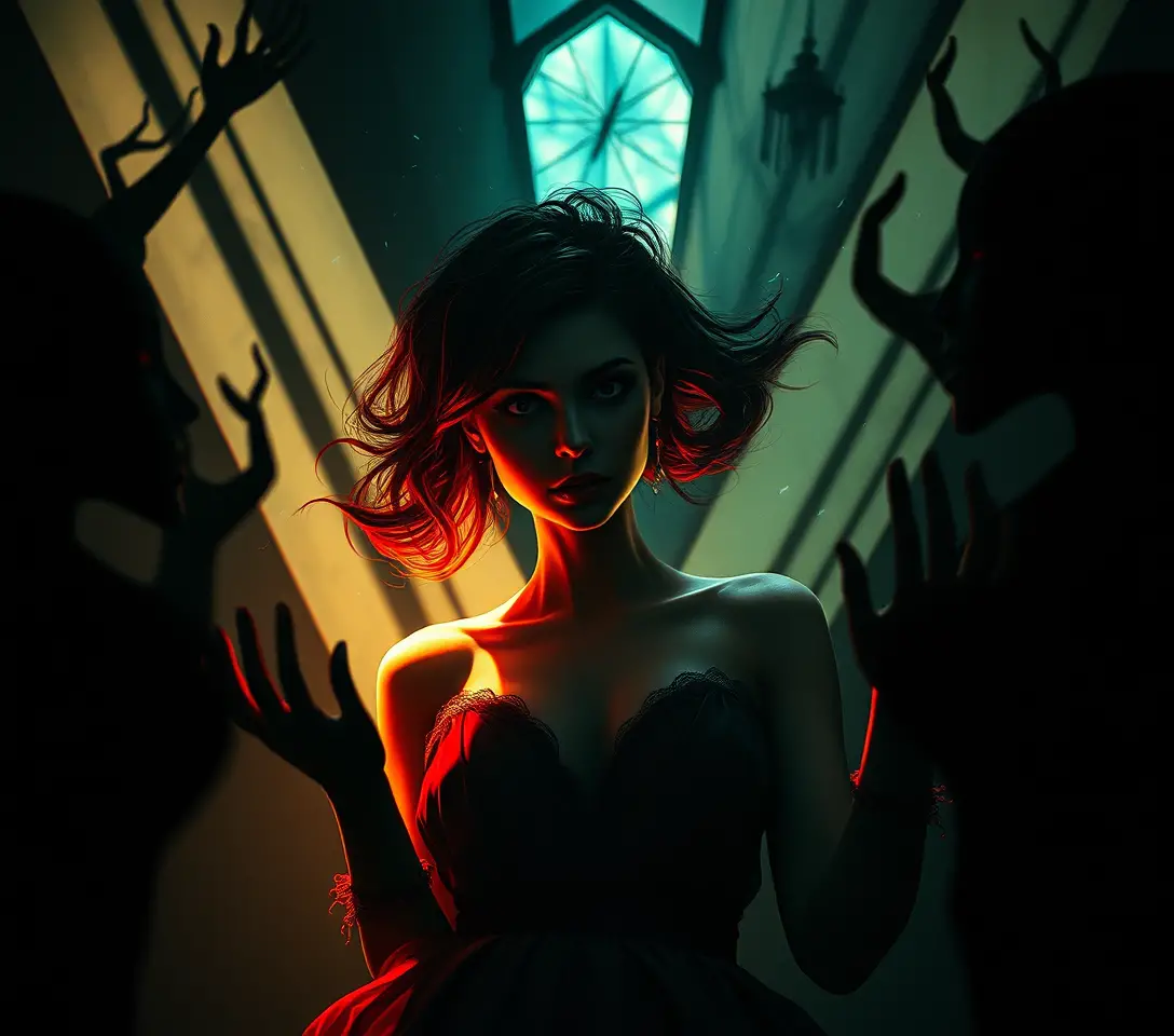 Surreal woman in fractured shadow world of dark comedy