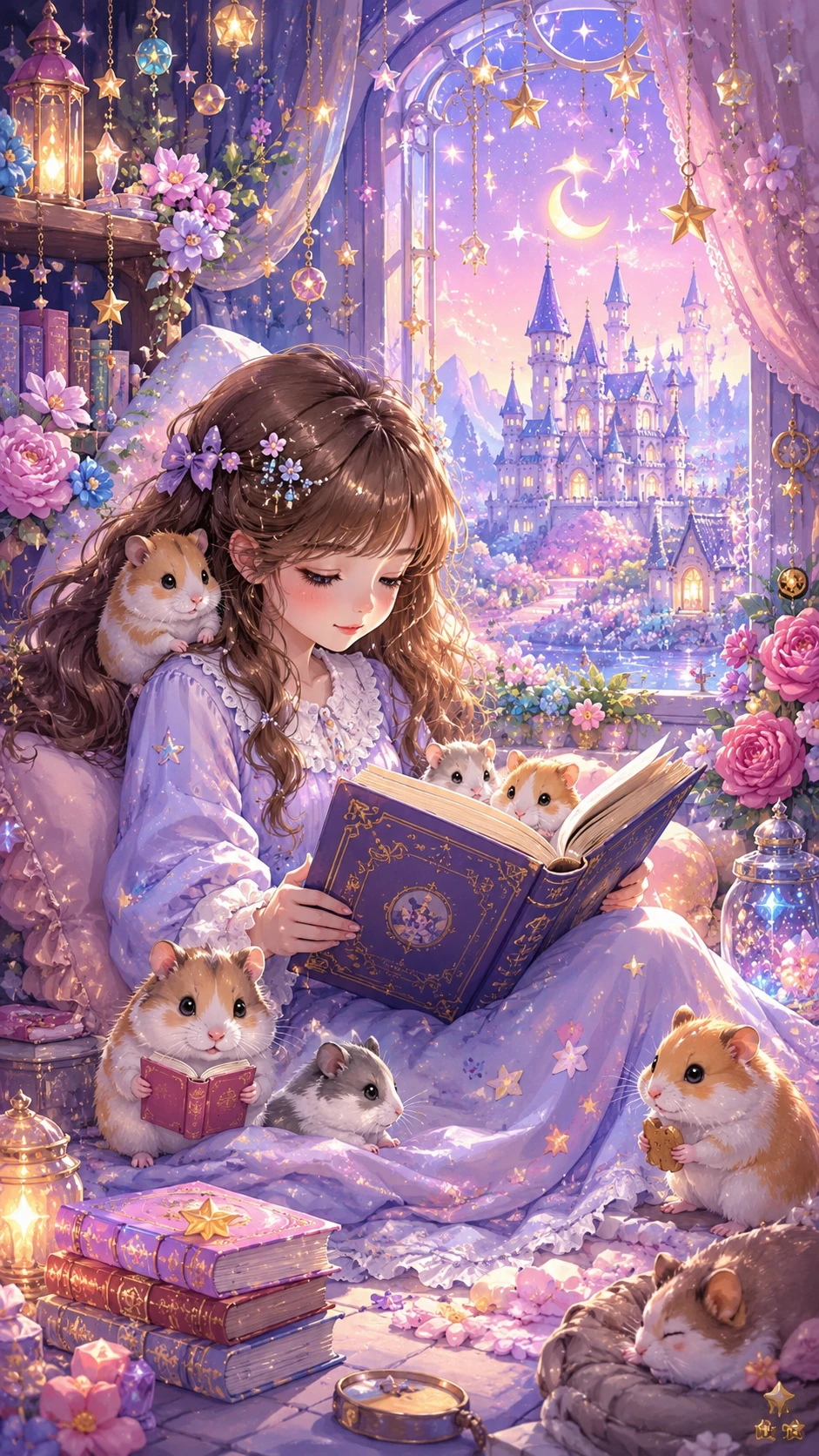 Menina lendo com hamsters em um mundo de fantasia dos sonhos