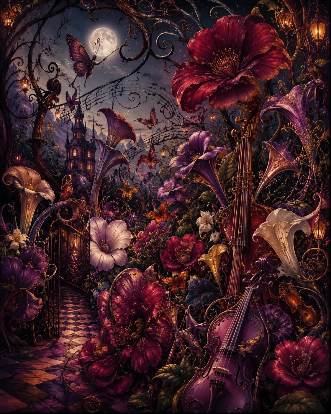 月光下夢幻花園中的巨型音樂花朵