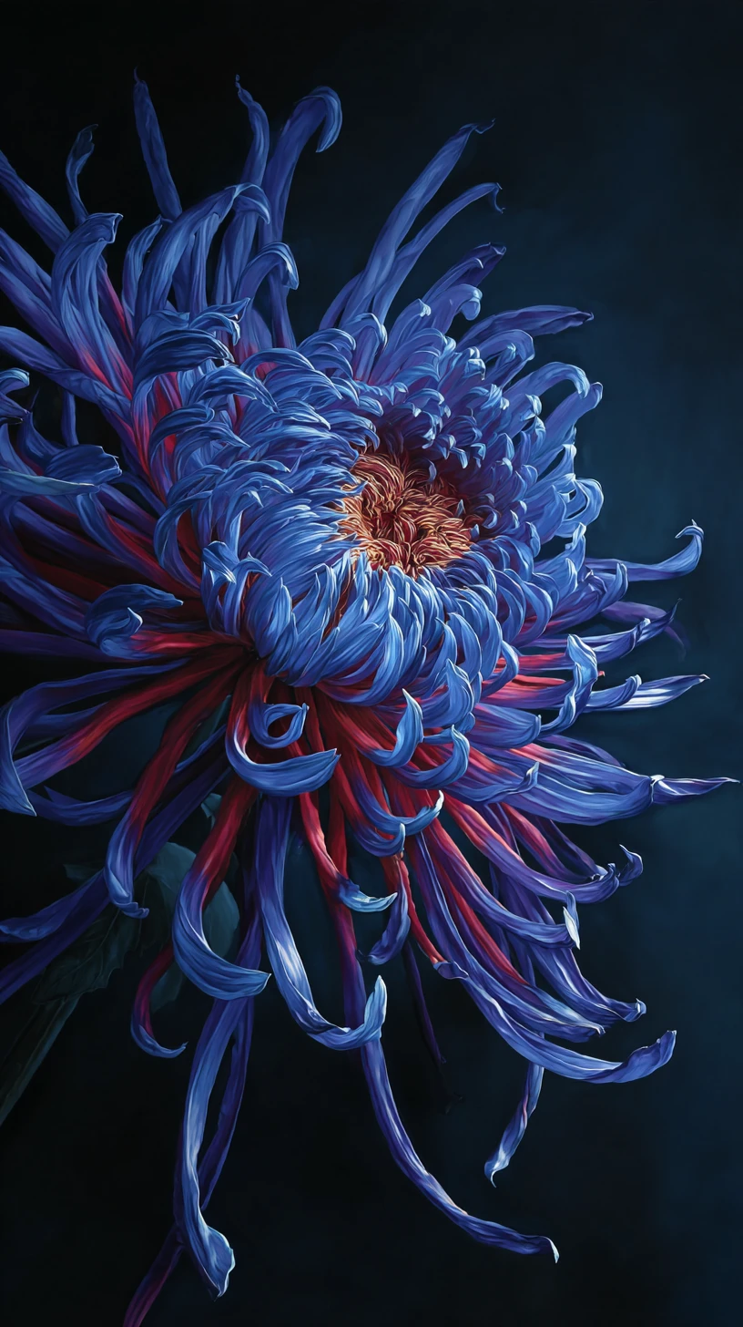 Lebendige Chrysantheme in dramatischem dunklem Gemälde aus der Nähe