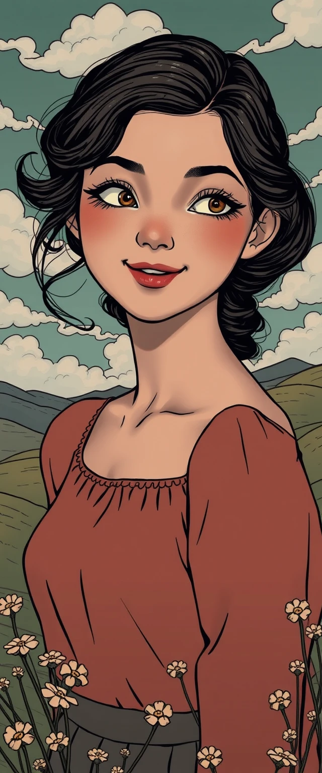 Junge Frau in einer nostalgischen Pastell-Traumlandschaft Illustration
