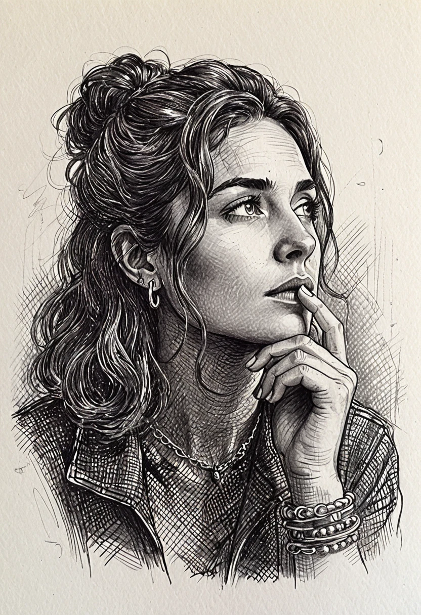 Thoughtful ink portrait of a woman with hand to lips