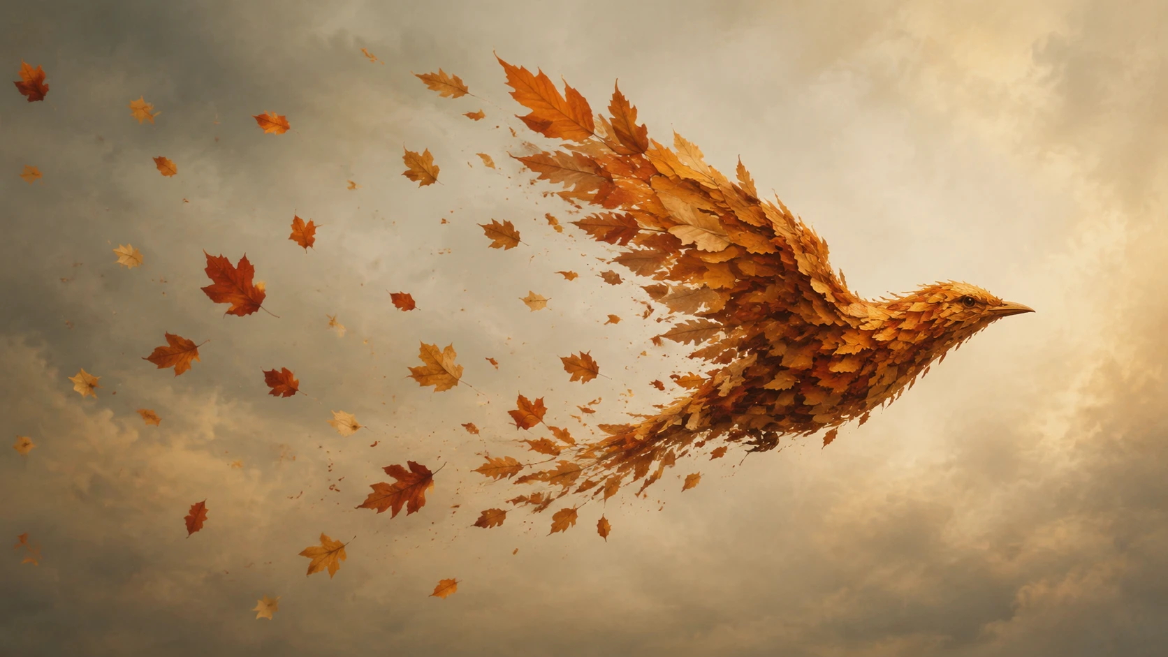 Folhas de outono se transformando na forma de um pássaro em voo