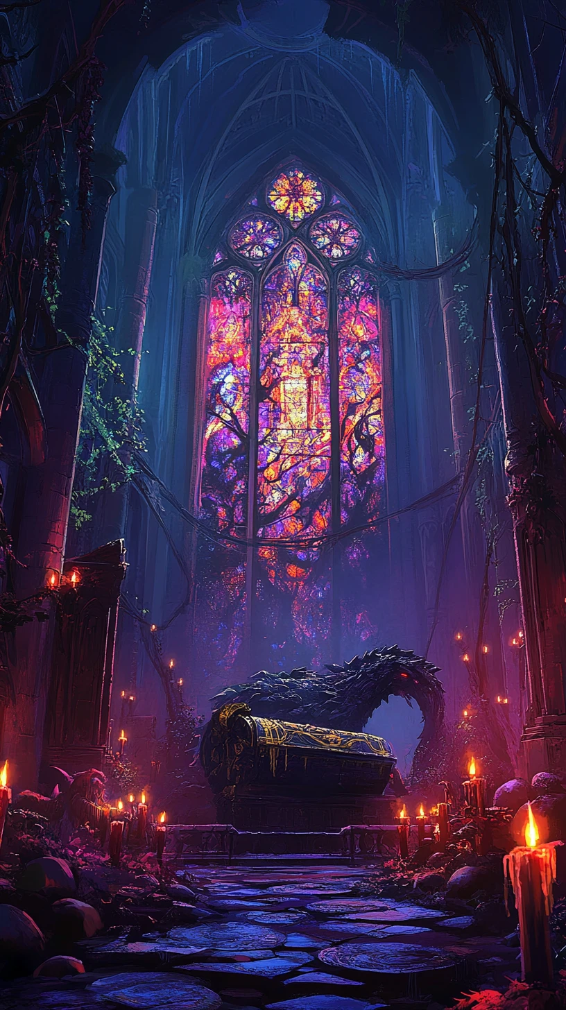 Ataúd en catedral gótica con chica encadenada y ventana de dragón