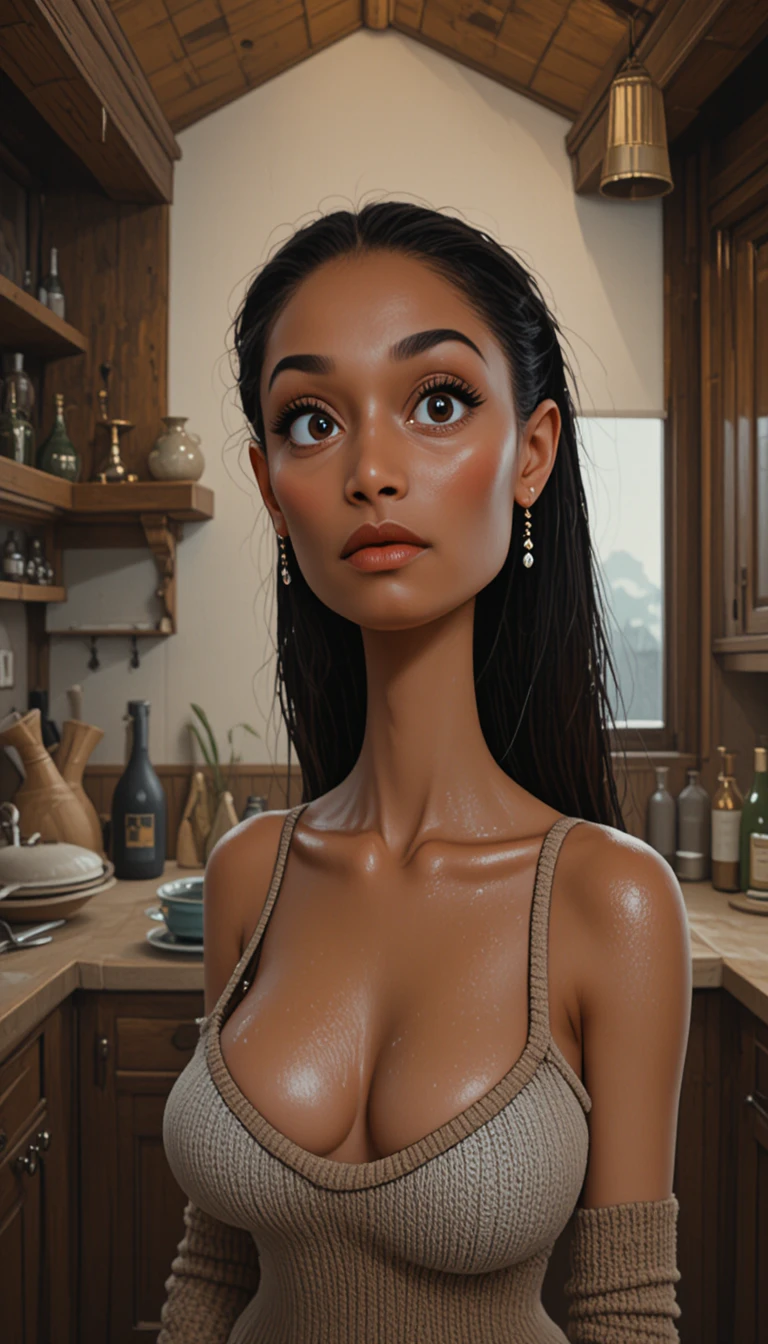 Femme brune posant dans une cuisine de chalet rustique