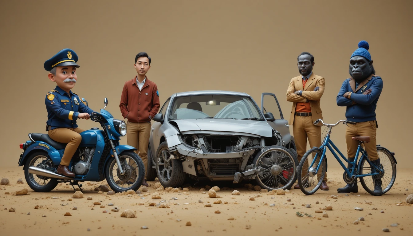 Cena de acidente surreal com personagens estranhos ao redor de um carro danificado