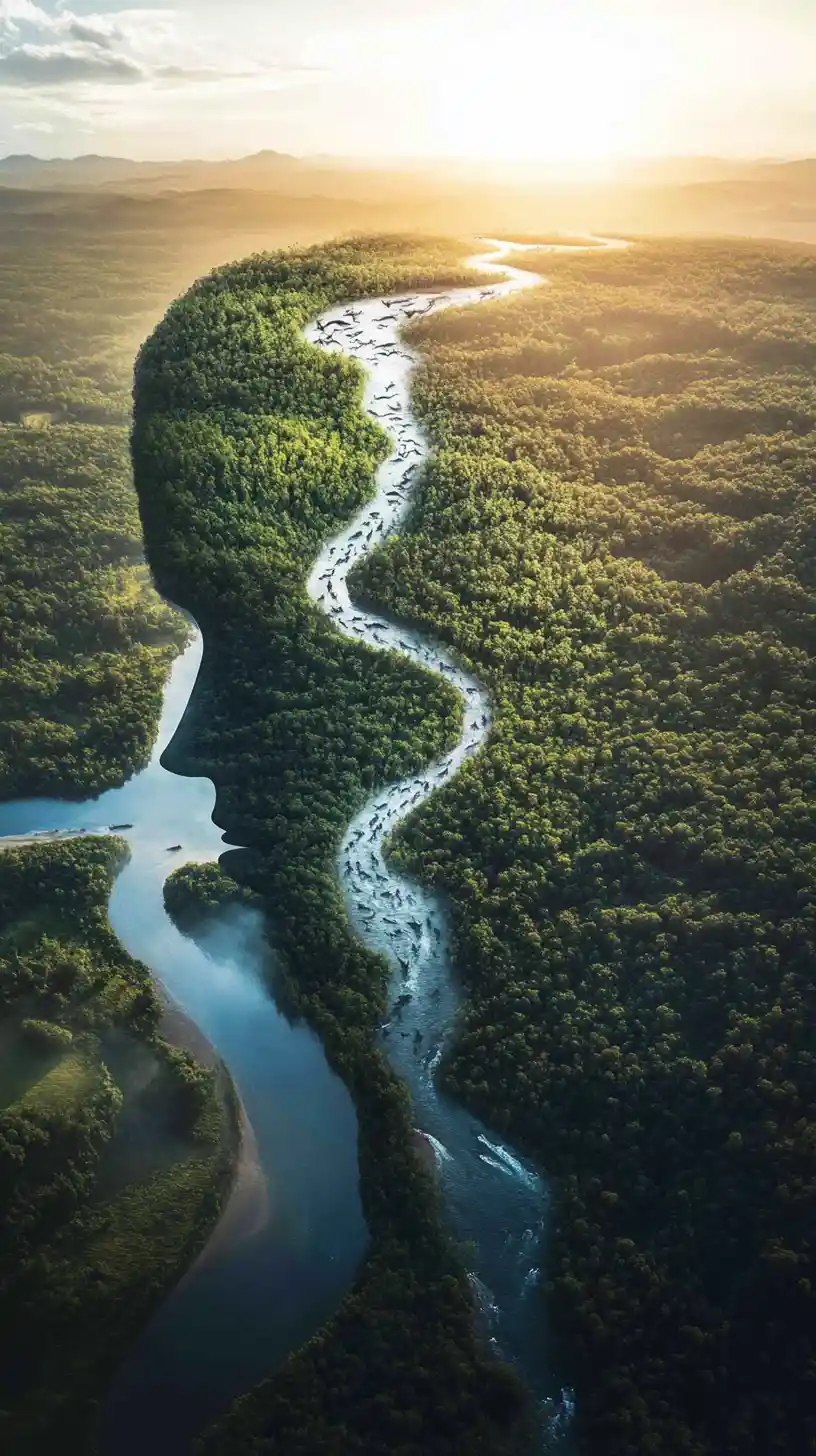 Surreal river landscape forming a hidden human portrait