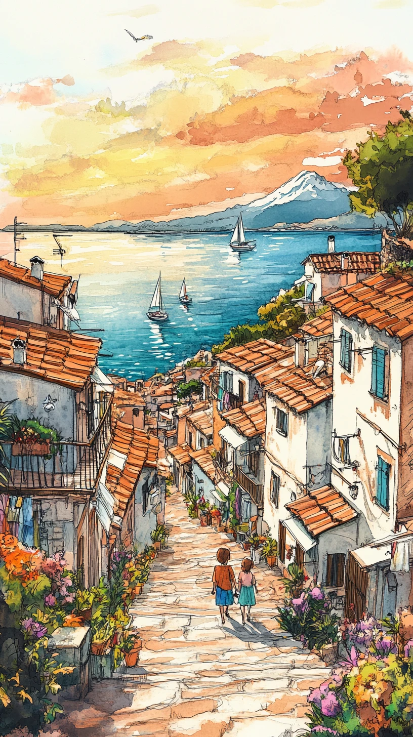 Caminho de vilarejo na encosta levando a um mar tranquilo em aquarela
