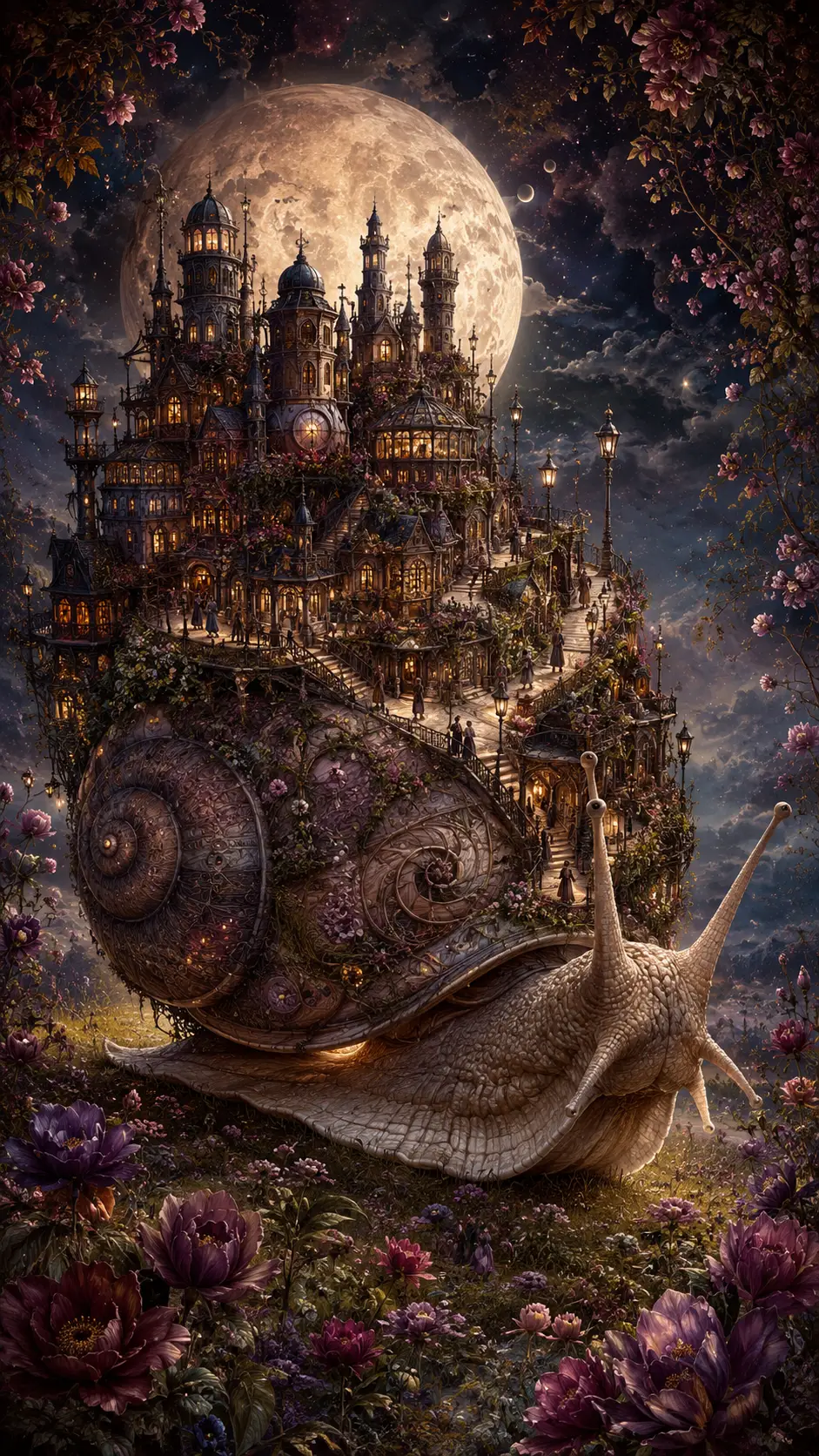 Antica lumaca che porta una città fantasy illuminata da lanterne