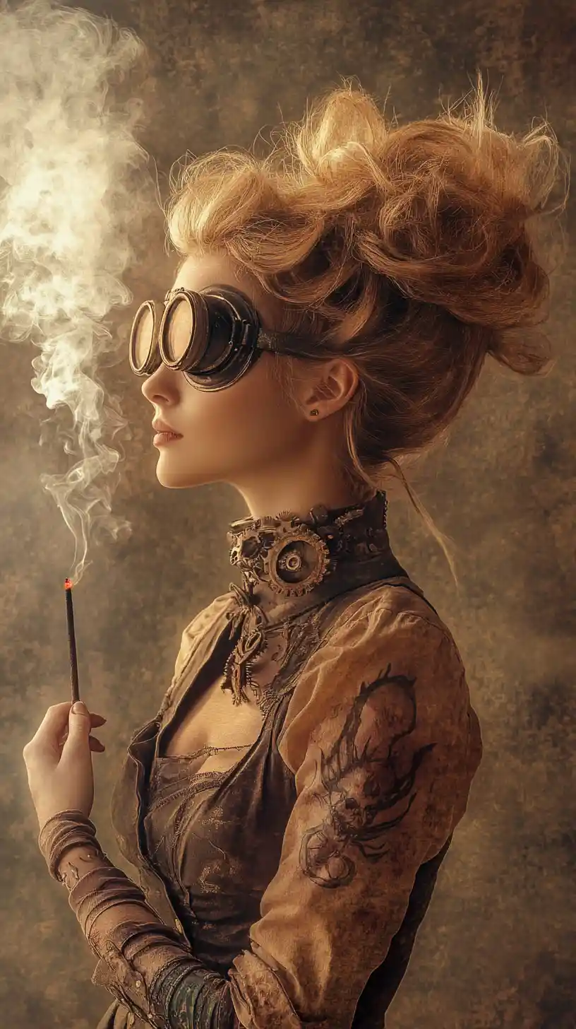 Mulher steampunk de perfil com incenso e fumaça dourada