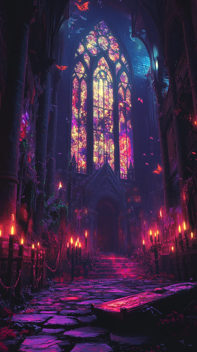Gothic cathedral interior with chained coffin and candles