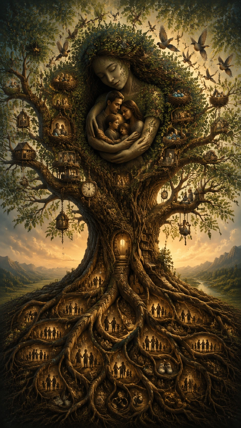 Árbol genealógico surreal que crece desde raíces simbólicas entrelazadas