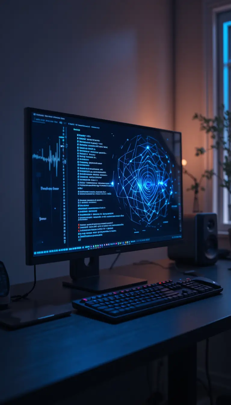 Minimalistischer Nacht-Arbeitsplatz mit leuchtendem Monitor und Tastatur