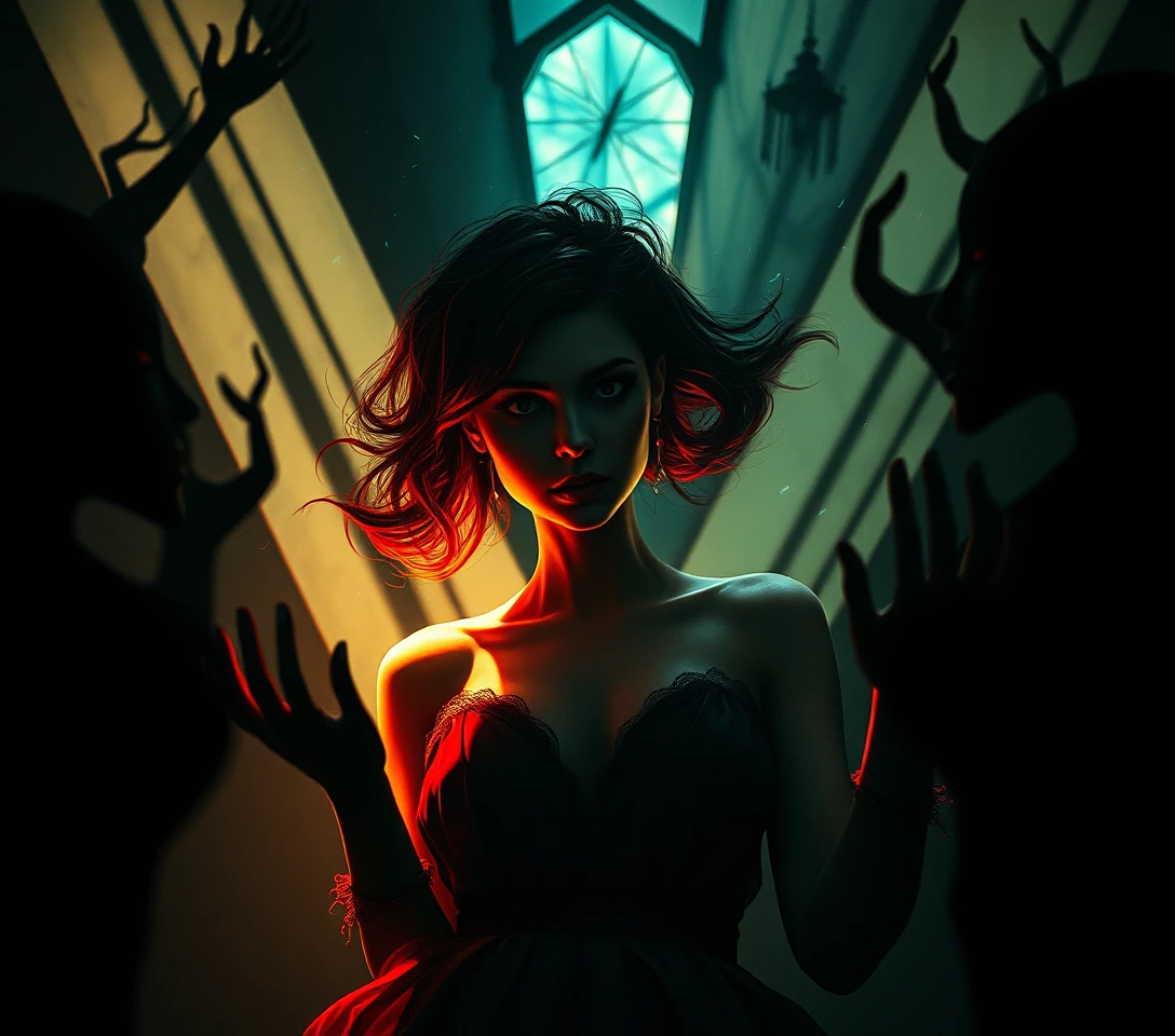 Femme surréaliste dans un monde d’ombres fracturées de comédie noire