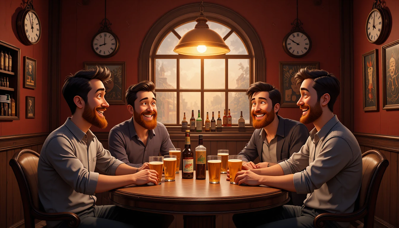Vier Freunde sprechen an einem runden Tisch in einer warmen Taverne