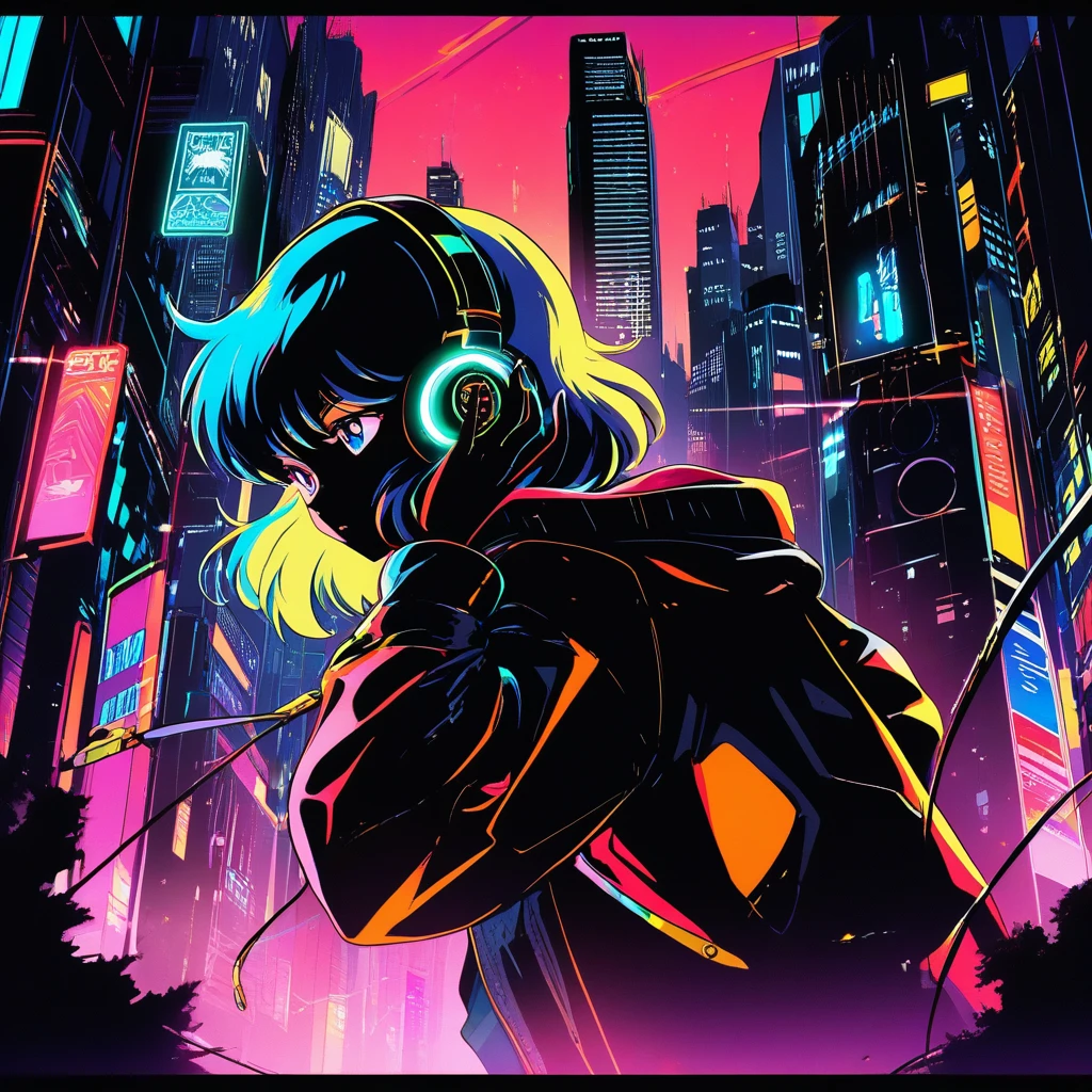 Garota de anime com fones de ouvido em paisagem urbana neon ao pôr do sol