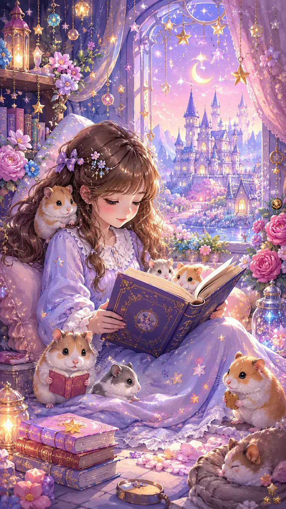 夢幻奇幻世界中與倉鼠一起看書的少女