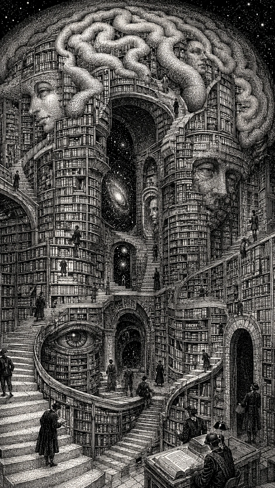 Imensa biblioteca desenhada a tinta formando as dobras de uma mente humana